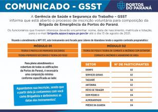 A Gerência de Saúde e Segurança do Trabalho (GSST) abriu processo de inscrição voluntária para os colaboradores que gostariam de compor a Brigada de Emergência da Portos do Paraná