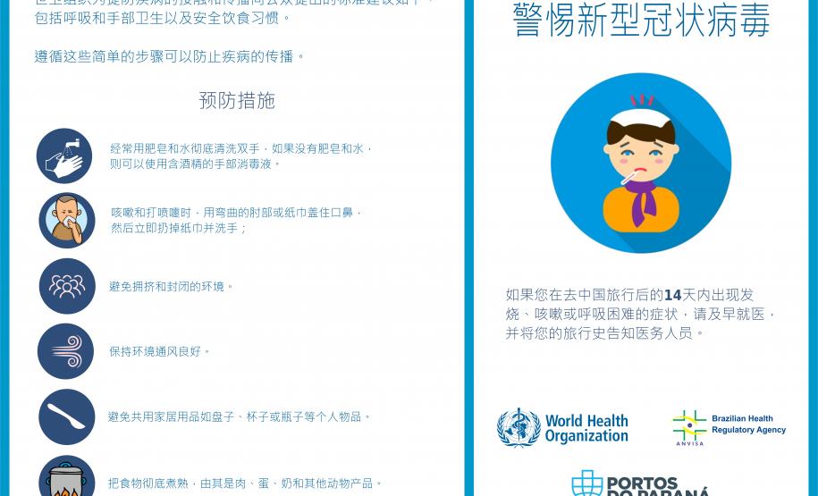 Cartazes com orientações da Organização Mundial de Saúde (OMS) e do Ministério da Saúde já estão afixados nos diversos ambientes dos portos do Paraná, em três idiomas: português, inglês e mandarim.