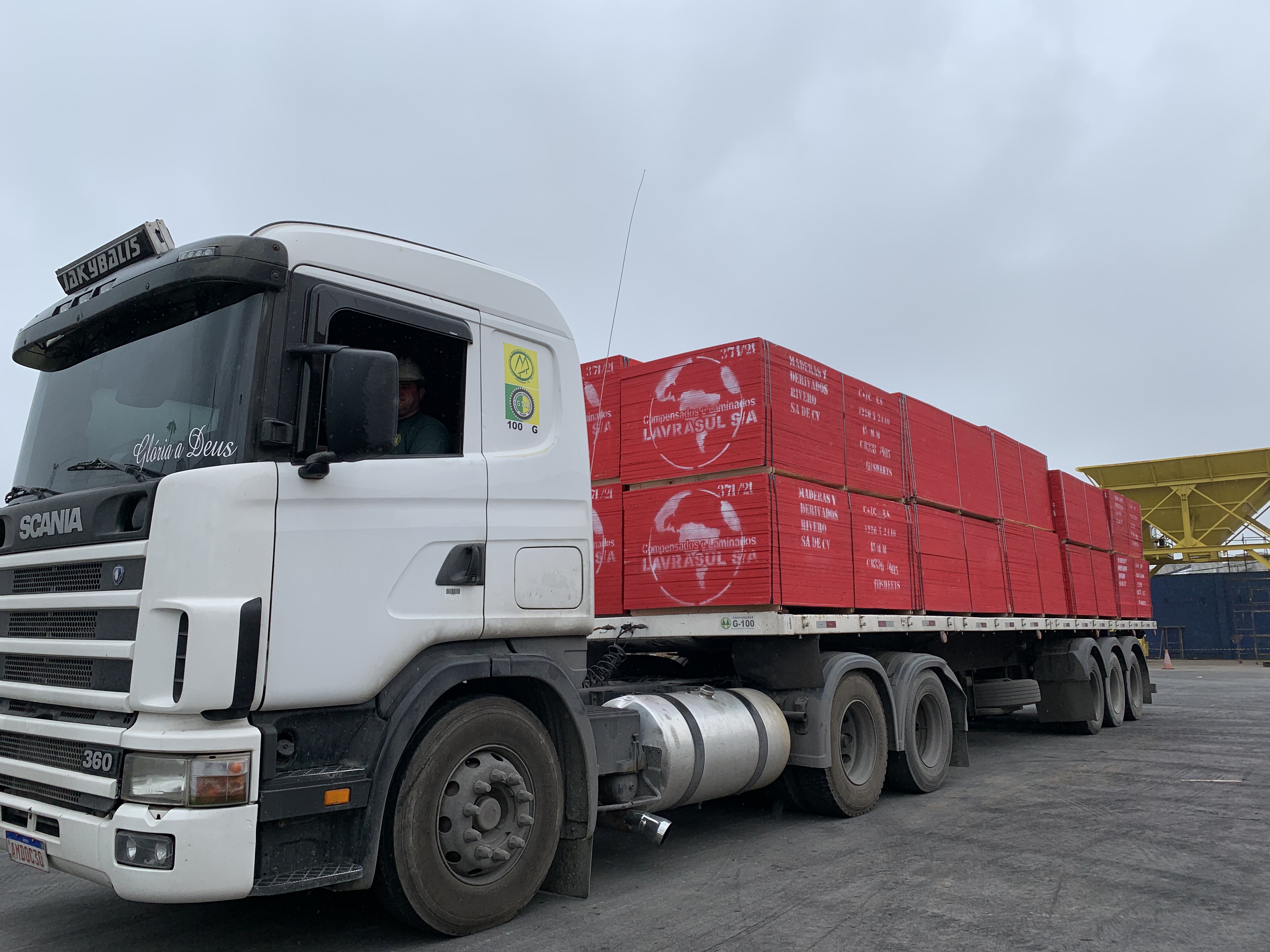 Madeira é embarcada em porão de navio destinado a cargas rolantes no Porto de Paranaguá