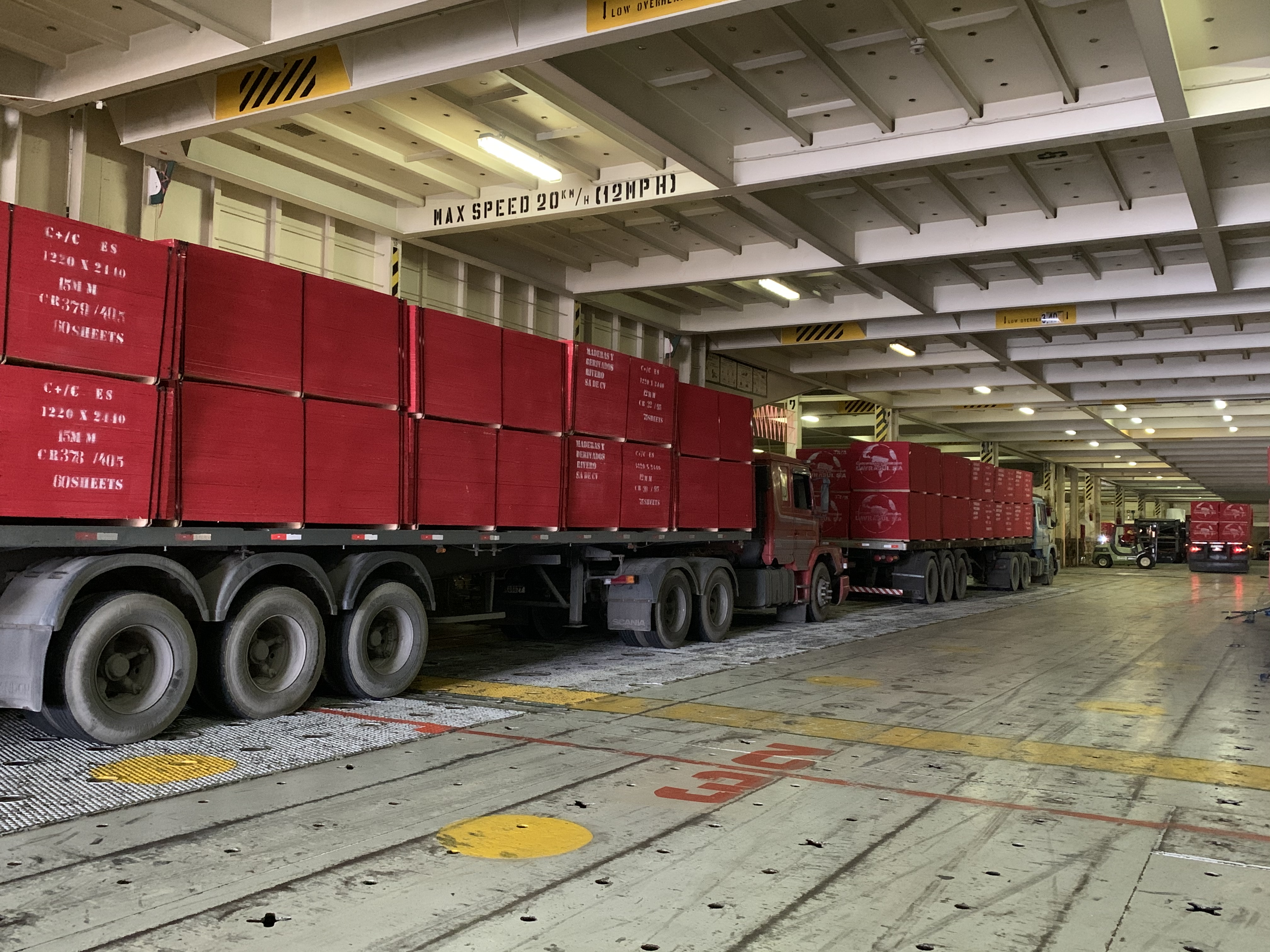 Madeira é embarcada em porão de navio destinado a cargas rolantes no Porto de Paranaguá