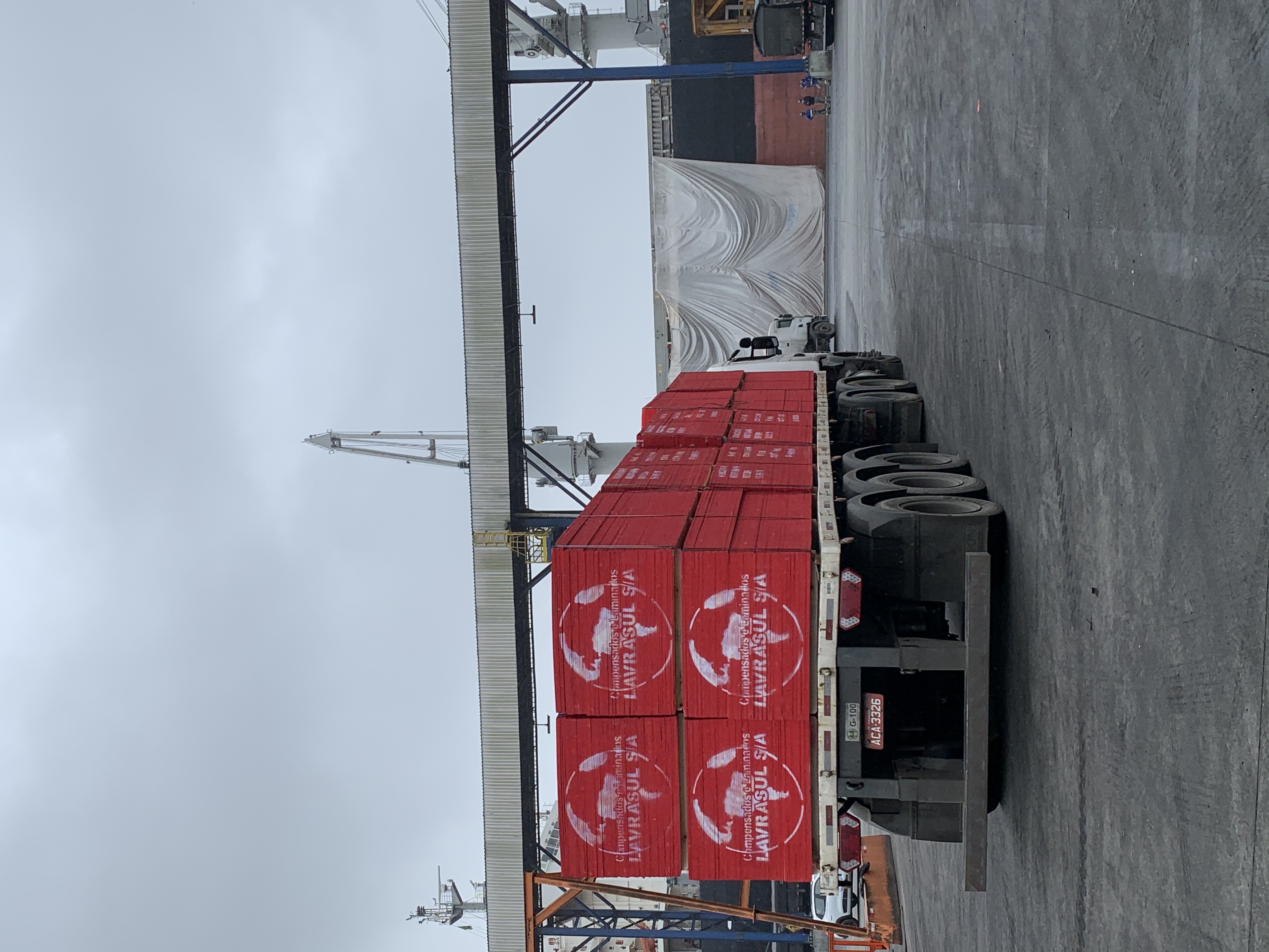 Madeira é embarcada em porão de navio destinado a cargas rolantes no Porto de Paranaguá