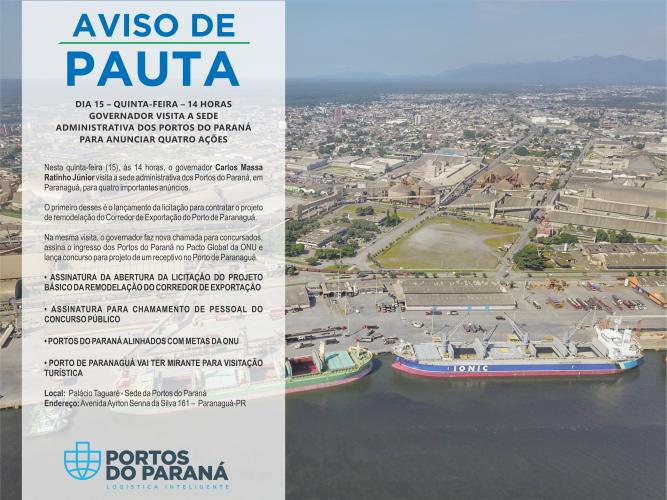 O governador Carlos Massa Ratinho Junior anuncia nesta quinta-feira (15) um conjunto de ações para o Porto de Paranaguá.