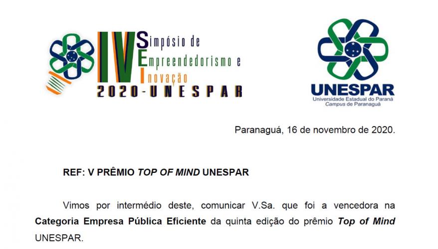 Empresa paranaense foi vencedora, na Categoria Empresa Pública Eficiente, da 5ª edição do prêmio Top of Mind da Universidade Estadual do Paraná (Unespar – campus Paranaguá)