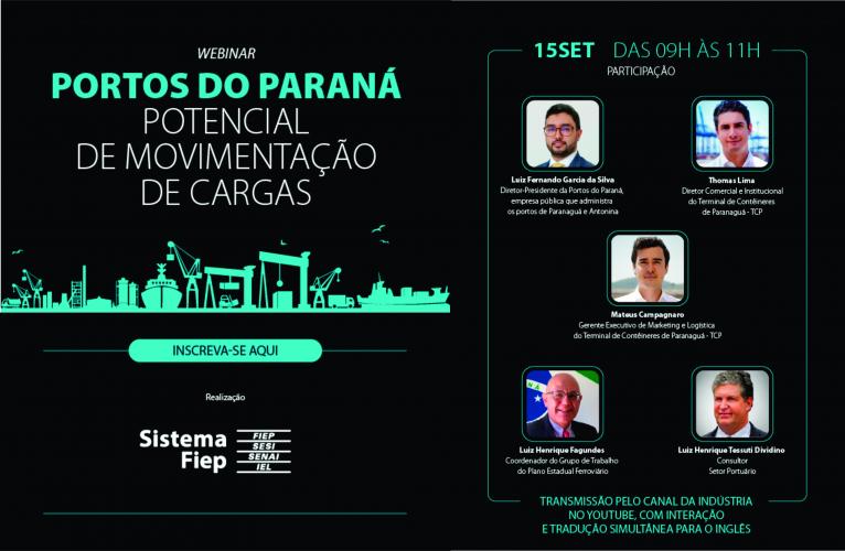 Na próxima quarta-feira (15), às 9h, o potencial de movimentação de cargas dos portos do Paraná será tema de um seminário online organizado pelo Conselho de Infraestrutura do Sistema da Federação das Indústrias do Estado do Paraná (Fiep).