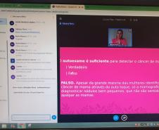 Funcionárias da Portos do Paraná participaram nesta quinta-feira (29) de uma palestra sobre o câncer de mama. O encontro online reuniu colaboradoras e estagiárias da empresa pública para conversar sobre o tema com a diretora-geral do Instituto Peito Aberto, Fabiana Parro.