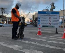 Animais fiscalizam veículos no cais do Porto de Paranaguá, sacolas e mochilas de trabalhadores portuários durante a troca de turno. Ações pontuais tem o objetivo de combater o tráfico internacional de drogas.