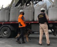 Animais fiscalizam veículos no cais do Porto de Paranaguá, sacolas e mochilas de trabalhadores portuários durante a troca de turno. Ações pontuais tem o objetivo de combater o tráfico internacional de drogas.