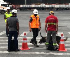 Animais fiscalizam veículos no cais do Porto de Paranaguá, sacolas e mochilas de trabalhadores portuários durante a troca de turno. Ações pontuais tem o objetivo de combater o tráfico internacional de drogas.