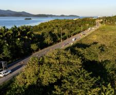 #ParaQuemNaoPodeVer Foto aérea de uma estrada rodeada por vegetação densa e árvores. À esquerda da imagem, há um caminhão e um carro branco na estrada. À direita, é possível ver um corpo d’água azul (provavelmente um rio ou mar) e montanhas ao fundo. A estrada corta a paisagem diagonalmente, e há postes de energia acompanhando o trajeto. 