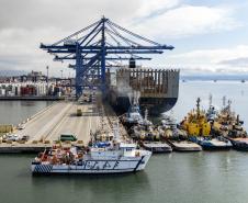 #praquemnaopodever imagem aerea do cais do Porto de Paranaguá mas visto de lado, com um navio-escola branco de 32 m de comprimento atracado. Ao fundo, guindastes, navios gigantes e conteineres empilhados.