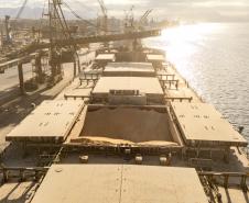 #praquemnaopodever imagem aérea de um navio no fim de tarde, no contraluz, em tom marrom e repleto de carga de milho em um dos porões.