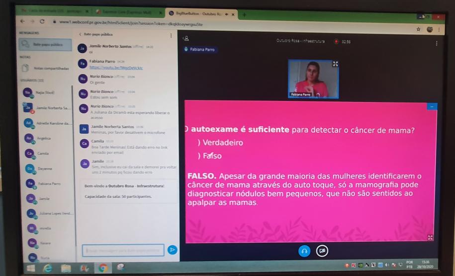 Funcionárias da Portos do Paraná participaram nesta quinta-feira (29) de uma palestra sobre o câncer de mama. O encontro online reuniu colaboradoras e estagiárias da empresa pública para conversar sobre o tema com a diretora-geral do Instituto Peito Aberto, Fabiana Parro.