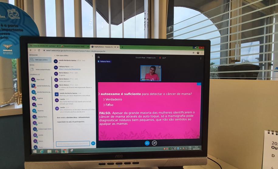 Funcionárias da Portos do Paraná participaram nesta quinta-feira (29) de uma palestra sobre o câncer de mama. O encontro online reuniu colaboradoras e estagiárias da empresa pública para conversar sobre o tema com a diretora-geral do Instituto Peito Aberto, Fabiana Parro.