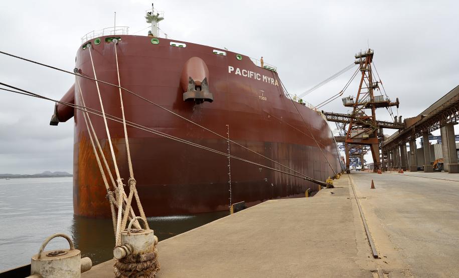 Mais um grande navio graneleiro atraca no Corredor de Exportação do Porto de Paranaguá para receber uma carga recorde de farelo de soja. O Pacific Myra, com 292 metros de comprimento (loa) e 45 metros de largura (boca), atracou no berço 214, no último final de semana, e segue carregando. A embarcação vai levar, para a Holanda, 108.577 mil toneladas do produto.
