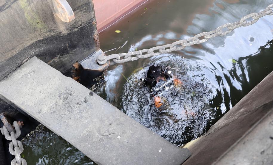 Serviços de mergulho especializado tiveram início nesta semana. Trabalho será realizado em toda extensão da faixa primária, dos berços 201 ao 218 e até o píer público de granéis líquidos. Investimento da Portos do Paraná é de R$ 2,8 milhões.