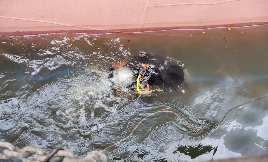 Serviços de mergulho especializado tiveram início nesta semana. Trabalho será realizado em toda extensão da faixa primária, dos berços 201 ao 218 e até o píer público de granéis líquidos. Investimento da Portos do Paraná é de R$ 2,8 milhões.