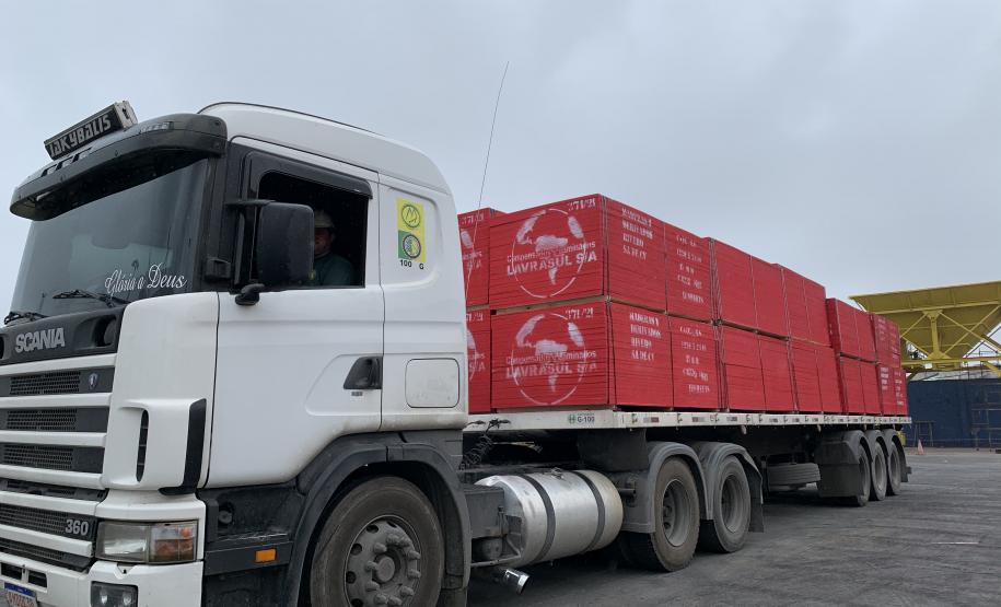 Madeira é embarcada em porão de navio destinado a cargas rolantes no Porto de Paranaguá