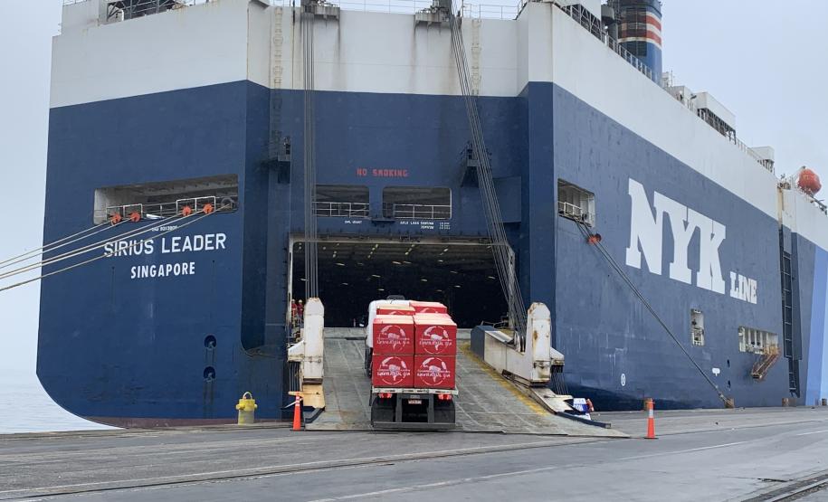 Madeira é embarcada em porão de navio destinado a cargas rolantes no Porto de Paranaguá