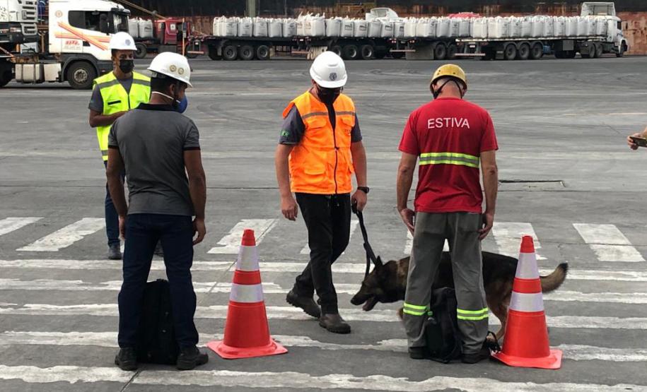Animais fiscalizam veículos no cais do Porto de Paranaguá, sacolas e mochilas de trabalhadores portuários durante a troca de turno. Ações pontuais tem o objetivo de combater o tráfico internacional de drogas.