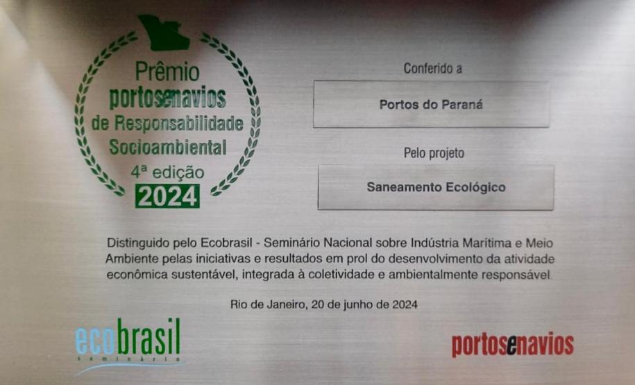 Portos do Paraná vence prêmio Portos e Navios de Responsabilidade Socioambiental