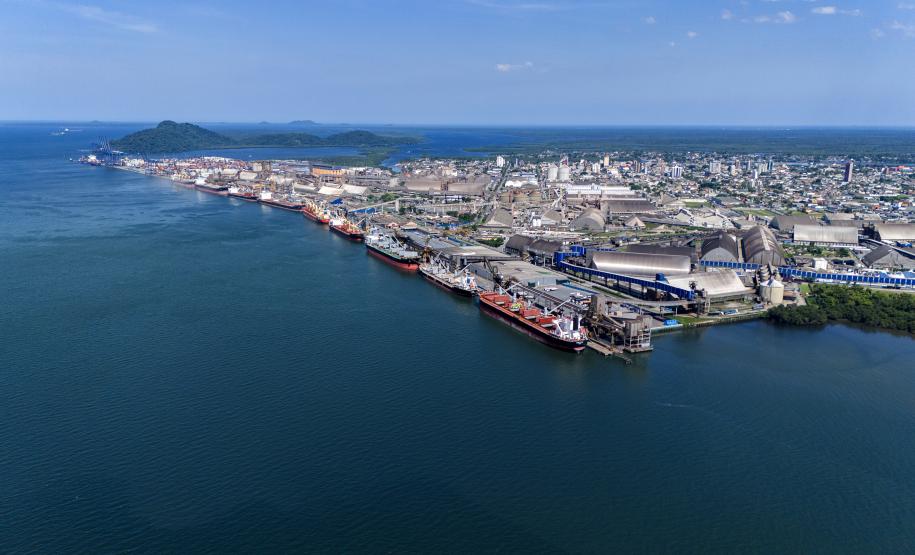 A imagem mostra o Porto de Paranaguá visto do alto, com uma grande faixa da Baía de Paranaguá na parte de baixo da foto até o final do porto. Os navios estão pequenos e enfileirados, a maioria na cor vermelha.