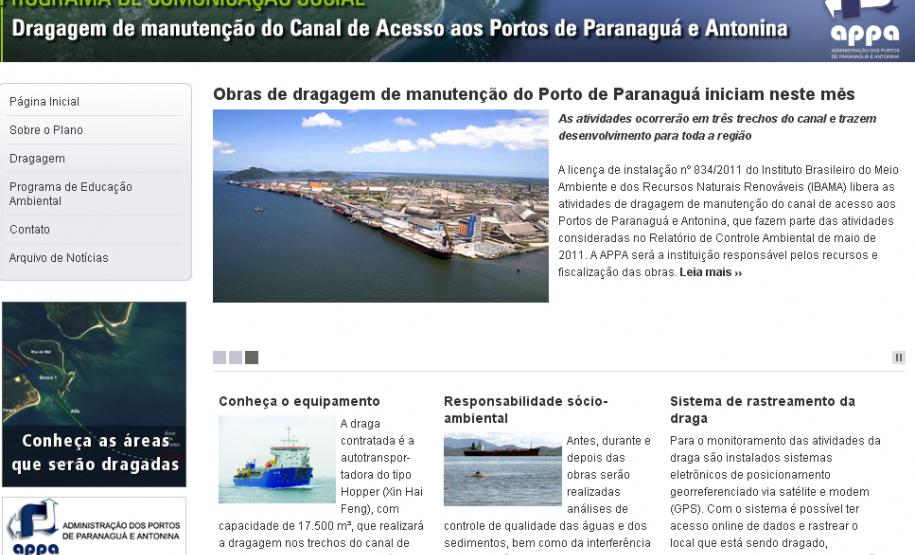 Appa começa a divulgar informações sobre a dragagem de manutenção dos portos A Administração dos Portos de Paranaguá e Antonina (Appa) deu início às atividades do Plano de Comunicação Social da dragagem de manutenção dos pontos críticos do canal de acesso aos portos de Paranaguá e Antonina. Atendendo à determinação do Ibama, na Licença de Instalação – LI nº 834/2011, o Porto de Paranaguá começou a divulgar amplamente o serviço. Uma das ações do plano é o site - www.dragagem.portosdoparana.pr.gov.br -, que já está no ar.